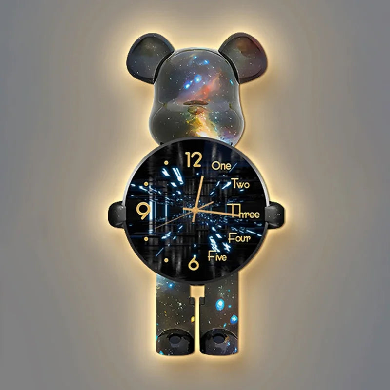 Trendy Bear Wall Clocks Living Room Led Light Wall Clocks Hanging Painting Modern Clock Luxury Entrance Clock Cartoon Brief